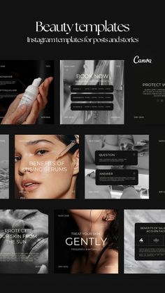 the website design for beauty templates is shown in black and white, with multiple images