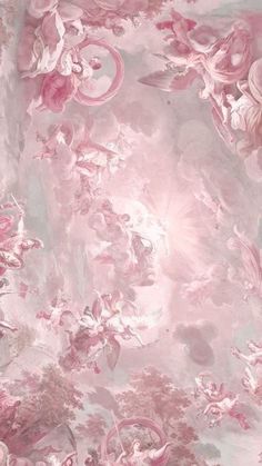 an artistic pink and white wallpaper with many flowers on it's side,