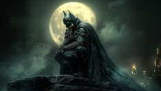 a man dressed as batman sitting on top of a rock in front of a full moon