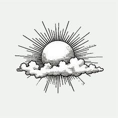 an ink drawing of the sun and clouds