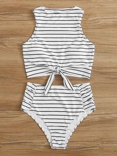 knot front top with dot high waist bikini set - WHITE STRIPED TOP AND BOTTOM Tankini 2024, Knot Front Top, Summer Bathing Suits, Trendy Swimsuits, Tankini Swimsuits For Women, Swimsuits Outfits, Outfit Chic, Cute Bathing Suits, Cute Swimsuits