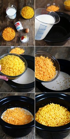 steps to make macaroni and cheese in the crock pot with milk, eggs, butter, and other ingredients