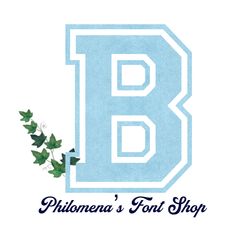 the letter b is surrounded by ivy and leaves on a white background with blue lettering