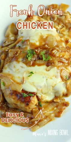 Closeup shot of cheesy French onion chicken on white plate. French Onion Chicken, Chicken Entrees, Onion Chicken, French Onion Soup, Chicken Dishes Recipes, Go Crazy, Family Favorite Meals, French Onion, Onion Soup