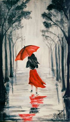 a painting of a person holding an umbrella in the rain