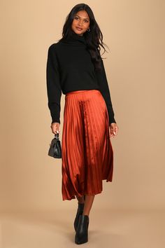 Turn any day into a chic day with the Lulus Fashionable Babe Rust Brown Satin Pleated Midi Skirt! Sleek and satiny woven fabric falls from a fitted high waist into a twirly, pleated midi skirt. Pair with a well-loved graphic tee and slides for a casual-chic vibe, or a button-up blouse for a more polished look! Hidden side seam zipper/clasp. Fit: This garment fits true to size. Length: Mid-calf length. Size small measures 32" from waist to hem. Waist: Fitted - very fitted at natural waist. Hip: N Rust Pleated Skirt Outfit, Burnt Orange Pleated Skirt Outfit, Taurus Fashion, Rust Skirt, Brown Pleated Skirt, Spring Skirt Outfits, Metallic Midi Skirt, Pleated Skirt Outfit, Long Skirt Fashion