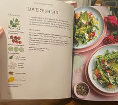 an open book with pictures of salads on it