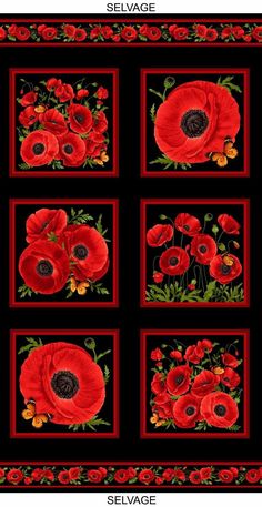 a black and red rug with flowers on the bottom, two rows of squares in each