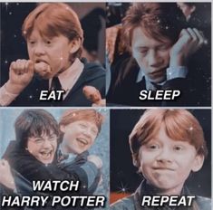 harry potter and hermione's faces with the words eat sleep watch harry potter repeat