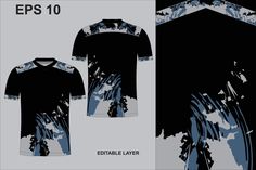 a black and blue shirt with an abstract design on the front, back and side views