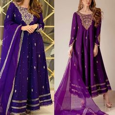 Purple Flowy Dress Elegant Purple Salwar Kameez With Zari Work, Elegant Purple Salwar Kameez For Eid, Festive Purple Salwar Kameez For Formal Occasions, Formal Purple Salwar Kameez For Festive Occasions, Purple Silk Kurta For Party, Formal Purple Salwar Kameez With Dabka Work, Formal Purple Salwar Kameez With Resham Embroidery, Elegant Purple Anarkali Set For Festivals, Elegant Purple Kurta For Eid