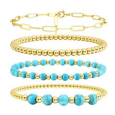 PRICES MAY VARY. 【Gold Stackable Bracelets】A womens gold bracelets set contains 4 pcs bracelet gold, 1 piece paperclip bracelet and 3 pieces beaded bracelets. Beaded bracelets for women are also stretch bracelets for women, including gold bead bracelet and turquoise and gold bead stack bracelets, which are simple, dainty, and elegant, can easily be dressed up or down. The women bracelets trendy are perfect for dressing up any outfit, jeans to dresses, evening or office, they will work with any s Elegant Turquoise Beaded Chain Bracelet, Turquoise Bracelet With Gold Beads, Gold And Turquoise Jewelry, Turquoise Bracelet Gold, Gold Beaded Bracelets, Bracelets Trendy, Beaded Bracelet Stack, Paperclip Bracelet, Stack Bracelets