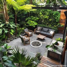 an outdoor living area with lots of plants and furniture