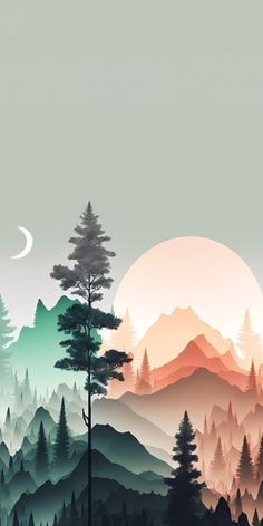 a painting of trees and mountains with the sun in the background