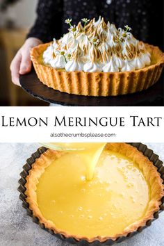 lemon meringue tart is being poured into a pie pan and then topped with whipped cream