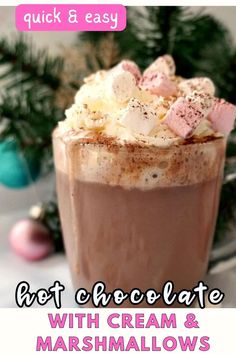 A glass of hot chocolate with cream and marshmallows. Sipping Chocolate Recipe, Hot Chocolate With Cream, Healthy Smoothies For Kids, Hot Chocolate With Marshmallows, Chocolate With Marshmallows, Hot Chocolate Recipe Homemade, Best Chocolate Desserts, Hot Chocolate Marshmallows