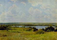 an oil painting of a lake surrounded by green grass and trees with clouds in the sky