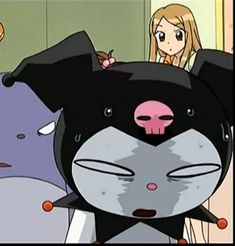 an animated image of two women and one cat with their faces covered by black cats