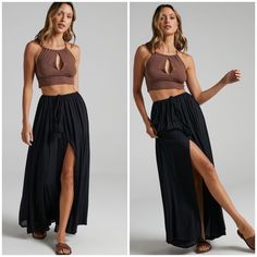 It’s A Skirt With Inner Shorts Attached 100 % Rayon Black Tassel With Draw String Wear As Swim Cover Up Or With A Cute Top Casual Maxi Skirt For Date Night In Summer, Versatile Maxi Skirt For Vacation, Chic Split Bottoms For Day Out, Chic Black Mini Skirt For Vacation, Trendy Black Split Bottoms, Chic Split Skirt For Day Out, Casual Long Skirt For Night Out, Black Wide Leg Beach Skirt, Chic Forever 21 Crop Top For Vacation