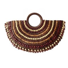 Beautiful Wood Bead Boho Fan Handbag. Medium Size 12"Wx18"W At Top And 7" High X 5.5" Deep 4' Long Wooden Handles Open Top Tote Faux Fur Handbag, Brown Tote Bag, Medium Sized Bags, Straw Tote Bag, Wood Handles, Red Handbag, Brown Tote, Beaded Handbag, Summer Bag