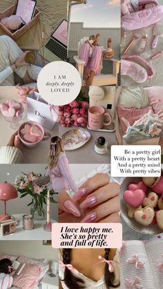 a collage of photos with pink and white accessories on it, including a doll