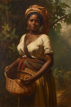 a painting of a woman holding a basket in her hands and standing next to a tree