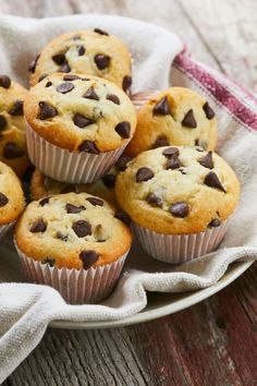 several chocolate chip muffins on a plate