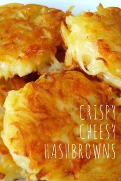 crispy cheesy hash browns on a plate with text overlay that reads, crispy cheesy hash browns