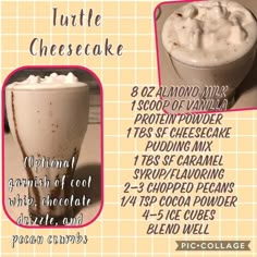 an advertisement for a frozen drink called turtle cheesecake, with instructions to make it