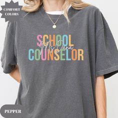 A Comfort Colors unisex " School Counselor " garment-dyed t-shirt made 100% with ring-spun cotton. Cute and trendy School Counseling gifts for the ultimate comfort. For an Oversized Look order 1 to 2 sizes larger than your normal size. 🌟100% ring-spun cotton 🌟Heavy fabric (6.1 oz/yd² (206.8 g/m 🌟Relaxed fit RETURNS: All products are made-to-order and because of the nature of these items, all sales are final unless they arrive damaged or defective. CARE INSTRUCTIONS Turn Inside Out. Machine wa Acid Wash Cotton T-shirt With Custom Print, School Therapist, School Counselor Shirt, Counselor Shirt, School Tees, School Counselor, School Counseling, School Shirts, Teacher Life