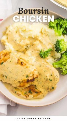 a plate with chicken, mashed potatoes and broccoli