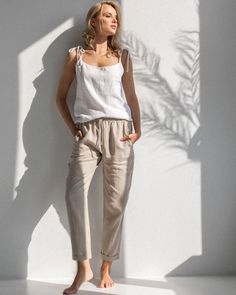 Long linen pants with pockets. The waist has an elastic band. Check every day, while traveling or sleeping.  READY TO SEND Casual Beige Linen Harem Pants, Beige Linen Casual Harem Pants, Casual Linen Harem Pants For Vacation, Comfortable Summer Linen Pants, Comfortable Linen Summer Pants, Comfortable Loose Fit Linen Harem Pants, Casual Straight Flax Pants, Comfortable Linen Pants For Summer, Casual Relaxed Fit Flax Pants