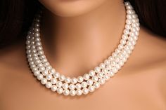 "3 line Pearl Necklace, White South Seashell Pearl 8mm Round 3 line Statement Necklace with 2\" ext clasp  Bridal, Gift for Her 16\" count for the longest length .. (16\" necklace would be 15\"-16\" long 3 line plus 2\" extension clasp  Gift box included" Hollywood Sweet 16, Layered Pearl Necklace, 16 Necklace, Necklace Gift Box, Bridal Gift, Necklace White, Wedding Jewellery Necklace, Wedding Necklace, Sea Shells