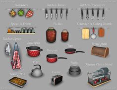 an image of kitchen items and utensils for cooking on the stove or oven