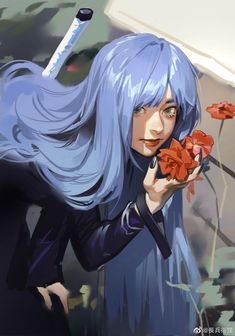 a woman with long blue hair holding flowers