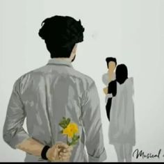 the man is holding a yellow flower in his hand