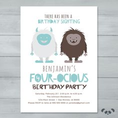 a birthday party card with two cartoon monsters on the front and one monster on the back