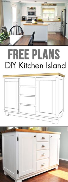 the kitchen island is made out of white cabinets