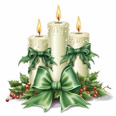 three christmas candles with bows and holly