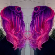 Hot Pink Purple Hair, Hot Pink And Purple Hair, Cherry Ombre Hair, Pink And Purple Hair Ideas, Pink And Purple Hair, Pink Purple Hair, Dark Red Hair Color, Vivid Hair, Underlights Hair