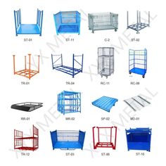 various types of metal storage racks with wheels and trays on each side, all in different colors