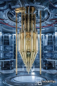 the inside of a large machine room with lots of pipes and wires hanging from it's ceiling