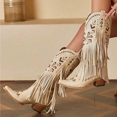 Cowgirl Western Boots Fringe Tassel Chunky High Heels Mid Calf Slip On Retro Casual Fashion Women Ridding Shoes Boutique Brand !!*Please Note*!! *This Is A Pre-Order Item And Requires A Longer Than Usual Shipping Time. Please Allow 7-14 Business Days Before Shipping.* Please Consider This Time Frame Before Placing Your Order. Thank You For Your Patience And Understanding, As This Helps Us Manage Our Inventory Levels And Creates Less Waste. Once Your Ordered Is Placed We Will Notify You Of An Exp Casual Fashion Women, Tassel Decoration, Chunky High Heels, White Heels, Cowboy Boot, Western Cowboy Boots, Eyewear Fashion, Cayman Islands, Western Cowboy