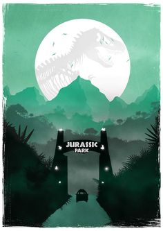 an image of a dinosaur in front of a full moon with the words jurassic park on it