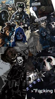 a collage of stickers with skulls and skeletons