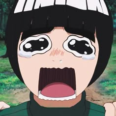 an anime character with black hair and big eyes making a surprised face while standing in the grass