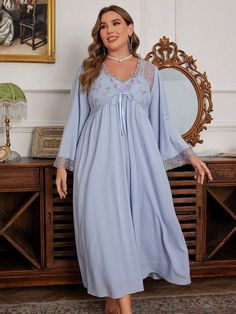 Floral Embroidery Ruched Design Plus Size Camisole Nightgown & Bathrobe 2pcs Set Blue Gorgeous-Vintage  Long Sleeve,Sleeveless Woven Fabric Colorblock,Plain,Plants Dress Sets Non-Stretch All Women Plus Sleep and Lounge, size features are:Bust: ,Length: ,Sleeve Length: Plus Size Nightgowns For Women, Fantasy Nightgown Plus Size, Plus Size Camisoles, Plus Size Robes, Nightgowns For Women, Sleepwear Women, Trendy Dresses, Elegant Dress, Red Carpet Looks