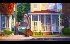 the bear is sitting on the sidewalk in front of the house and looking at the car