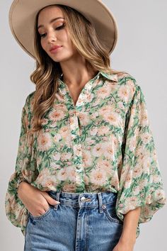 Long sleeve top with an all around floral print, button front closure, collar, and smocked cuffs. Self: 100% Polyester Print Blouse Design, Monet's Garden, Casual Weekend Outfit, Maternity Blouse, Blouse Price, Flowy Blouse, Women's Wear, Weekend Outfit, Floral Print Blouses