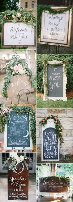 wedding signs with flowers and greenery on them